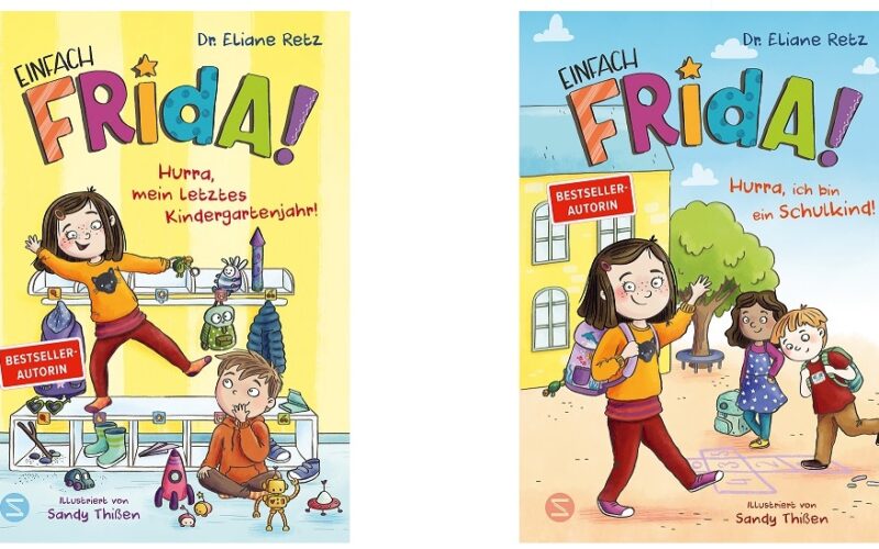 Zwei illustrierte Kinderbuchumschläge mit dem Titel "Einfach Frida!" von Eliane Reich, die ein Mädchen namens Frida in verschiedenen Schulsituationen zeigen, mit bunten Hintergründen und verspielten Schriftarten.