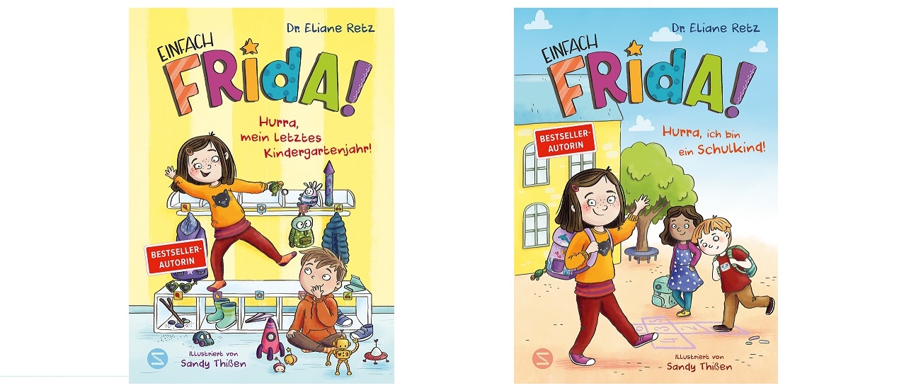 Zwei illustrierte Kinderbuchumschläge mit dem Titel "Einfach Frida!" von Eliane Reich, die ein Mädchen namens Frida in verschiedenen Schulsituationen zeigen, mit bunten Hintergründen und verspielten Schriftarten.