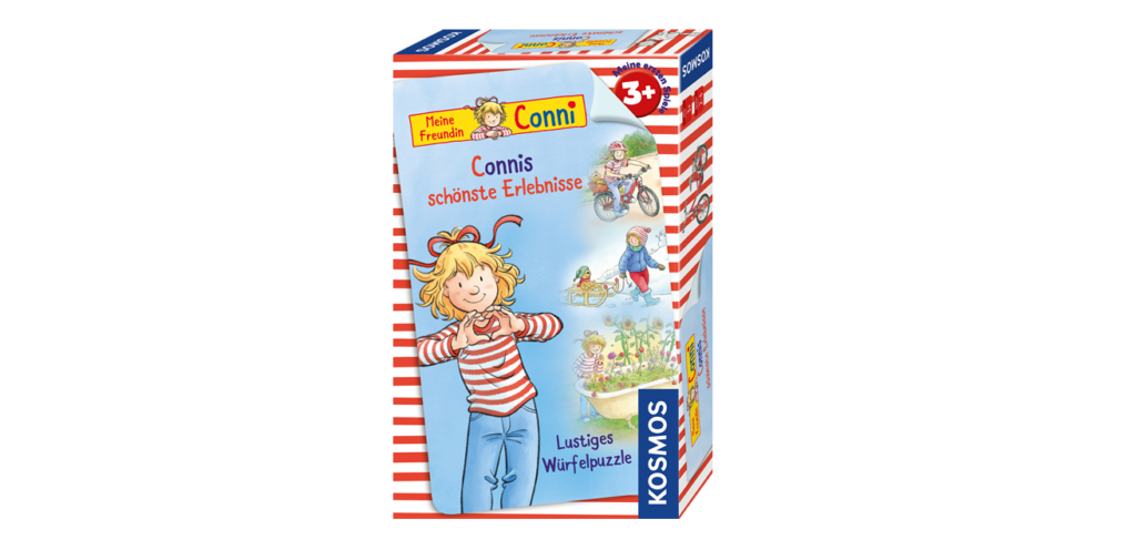 Schachtel des Spiels "Connis schönste Erlebnisse" mit illustrierten Bildern von Conni, einer Katze, und spielenden Kindern, empfohlen für Kinder ab 3 Jahren von KOSMOS.