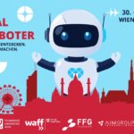 Ein freundlicher Roboter winkt vor einem blauen Hintergrund mit Wiener Wahrzeichen. Der Text kündigt das "Festival der Roboter" an, das am 30. und 31. Mai 2026 auf dem Wiener Karlsplatz stattfindet.