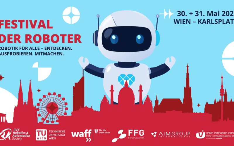 Ein freundlicher Roboter winkt vor einem blauen Hintergrund mit Wiener Wahrzeichen. Der Text kündigt das "Festival der Roboter" an, das am 30. und 31. Mai 2026 auf dem Wiener Karlsplatz stattfindet.