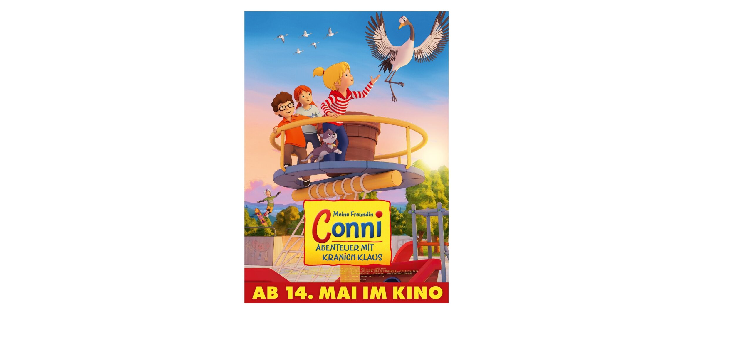 Animierte Kinder und eine Katze reiten auf einem Aussichtsturm, während über ihnen ein Storch fliegt; der Text wirbt für den Film "Meine Freundin Conni", der am 14. Mai in die Kinos kommt.