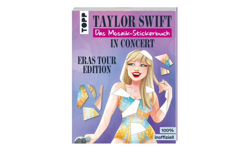 Illustriertes Stickerbuch-Cover mit einer Karikatur von Taylor Swift in einem glitzernden Outfit mit dem Titel "Das Mosaik-Stickerbuch - Eras Tour Edition".