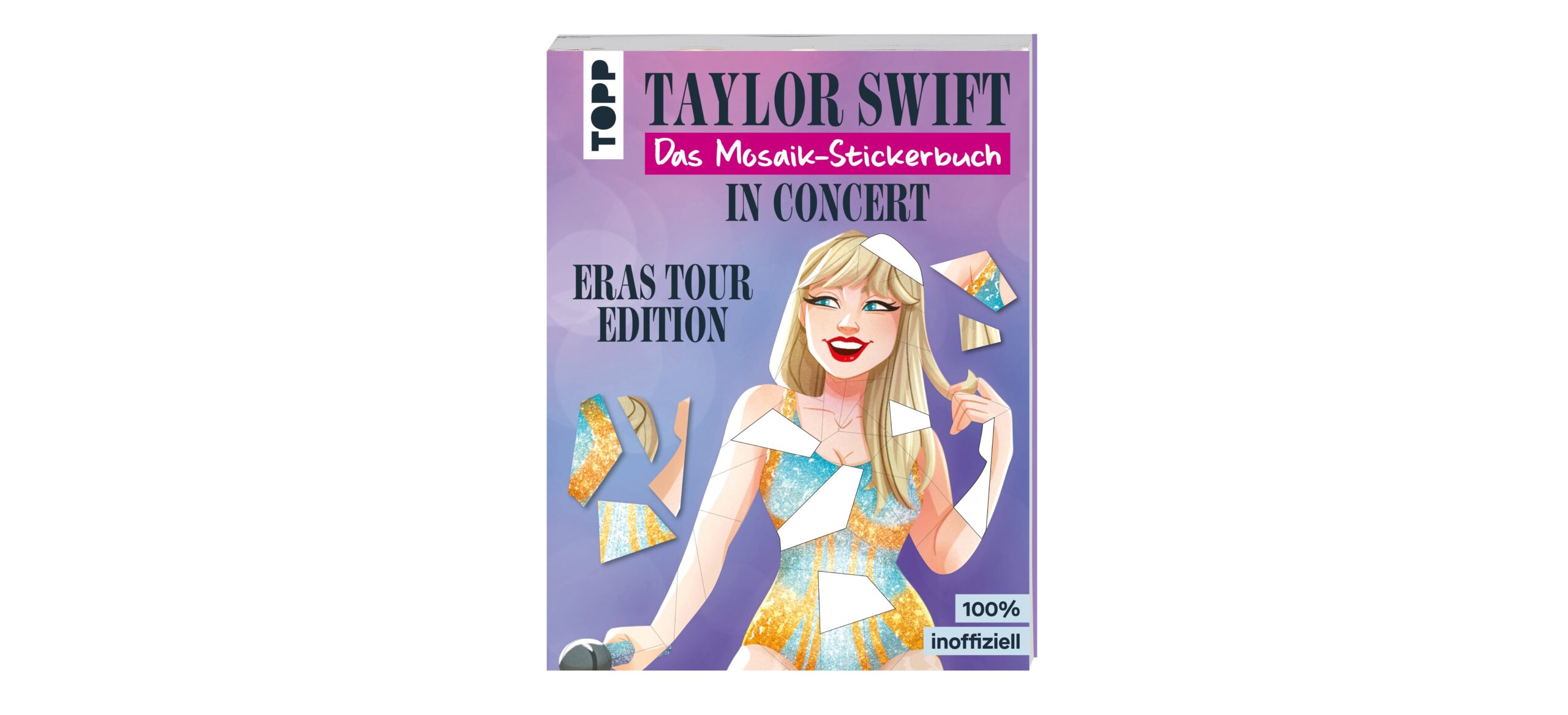 Illustriertes Stickerbuch-Cover mit einer Karikatur von Taylor Swift in einem glitzernden Outfit mit dem Titel "Das Mosaik-Stickerbuch - Eras Tour Edition".