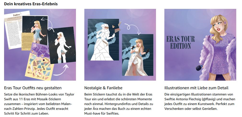 Drei illustrierte Tafeln, die ein kreatives Taylor Swift "Eras"-Erlebnis beschreiben: Entwerfen von Bühnenoutfits, Kreuzstich-Fankunst und detaillierte Illustrationen eines Künstlers, alle mit Taylor Swift.