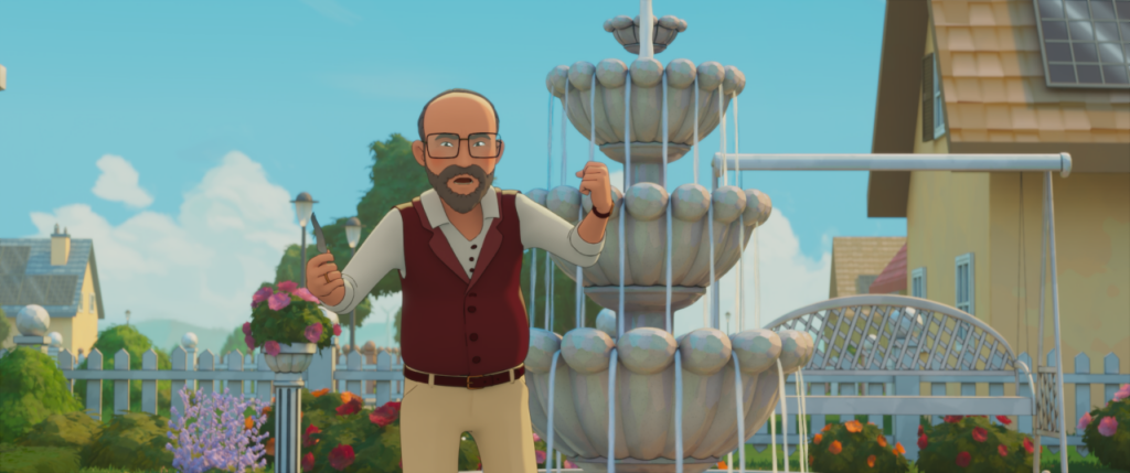 Animierter Mann mit Brille und Bart steht vor einem gestuften Steinbrunnen in einem Garten, trägt eine rote Weste und ein weißes Hemd, mit Häusern und Blumen im Hintergrund.