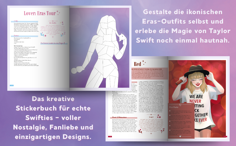 Ein deutschsprachiges Werbebild für ein Stickerbuch zum Thema Taylor Swift, das Musterseiten, eine Silhouettenillustration und eine Karikatur von Taylor Swift mit weißem Hut und T-Shirt zeigt.