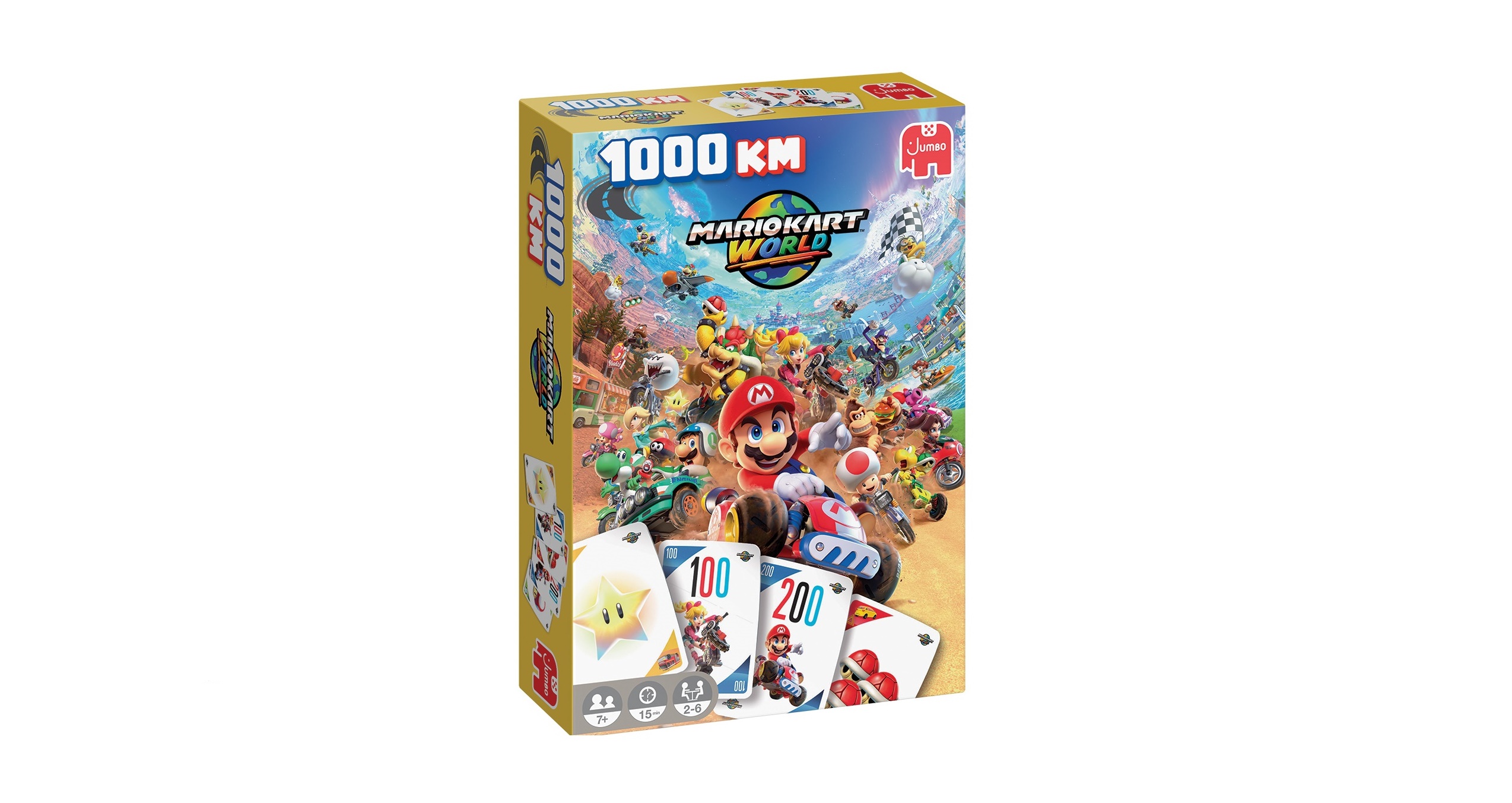 Schachtel des Kartenspiels "1000 KM Mario Kart World" mit Mario-Figuren und Spielkarten auf der Vorderseite.