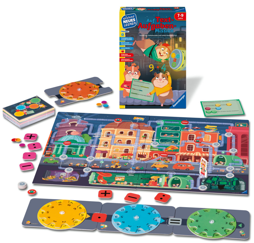 Farbenfrohes Brettspielset für Kinder mit einem Spielbrett im Stadtdesign, Drehscheiben, Karten, Spielfiguren, Würfeln und einer Schachtel mit Comic-Tierfiguren auf dem Deckel.