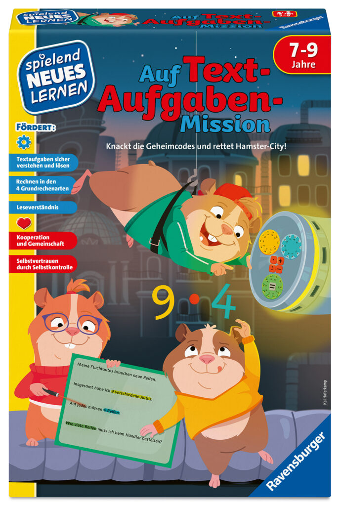 Schachtel eines Ravensburger Lernspiels für Kinder im Alter von 7 bis 9 Jahren mit Comic-Hamstern, mathematischen Symbolen und deutschem Text über das Lösen von Textaufgaben und Geheimcodes.