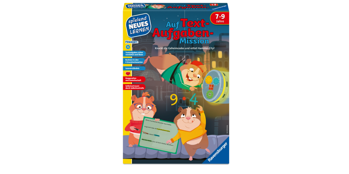Bunte Brettspielschachtel mit dem Titel „Auf Text-Aufgaben Mission“ für Kinder von 7 bis 9 Jahren, mit Comic-Hamstern, mathematischen Symbolen und einem Stadt-Hintergrund.