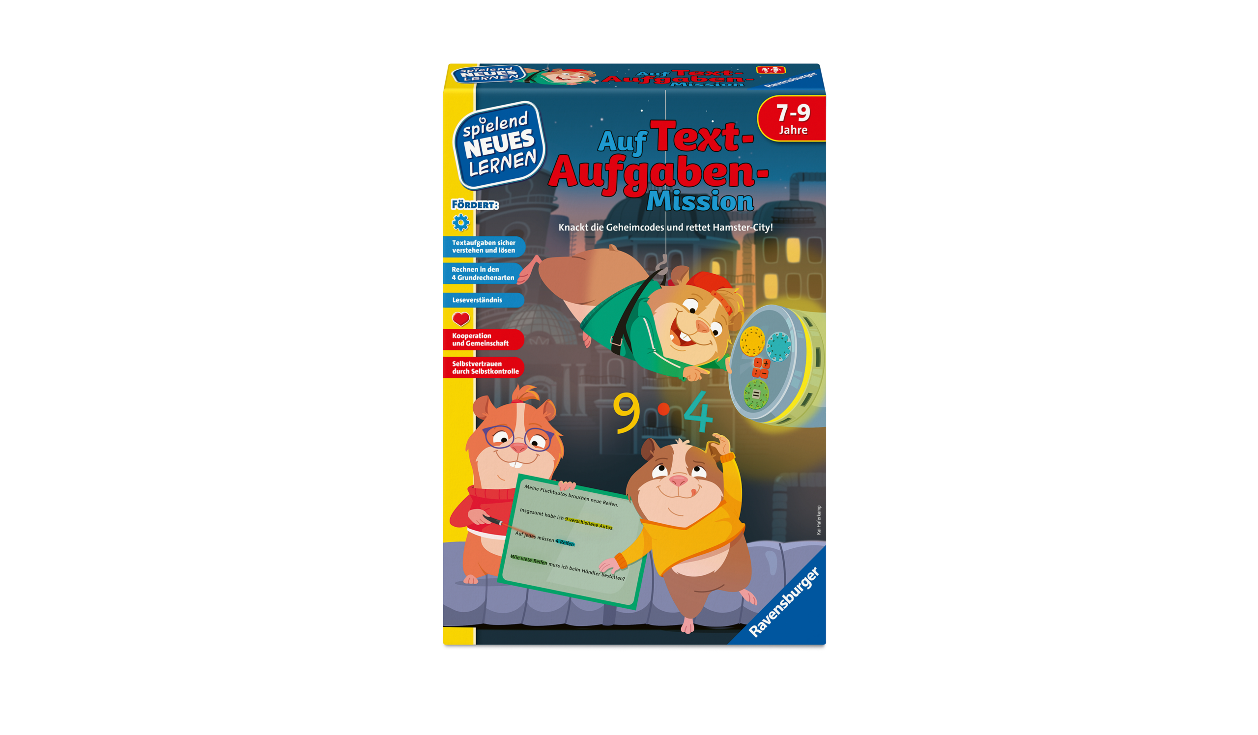 Bunte Brettspielschachtel mit dem Titel „Auf Text-Aufgaben Mission“ für Kinder von 7 bis 9 Jahren, mit Comic-Hamstern, mathematischen Symbolen und einem Stadt-Hintergrund.