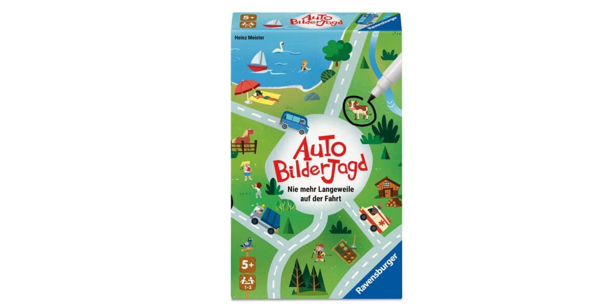 Schachtel des Spiels "Auto Bilderjagd" von Ravensburger für Kinder ab 5 Jahren, das eine Cartoon-Straßenkarte mit Autos, Tieren und Gebäuden zeigt. Der Text lautet "Nie mehr Langeweile auf der Fahrt.