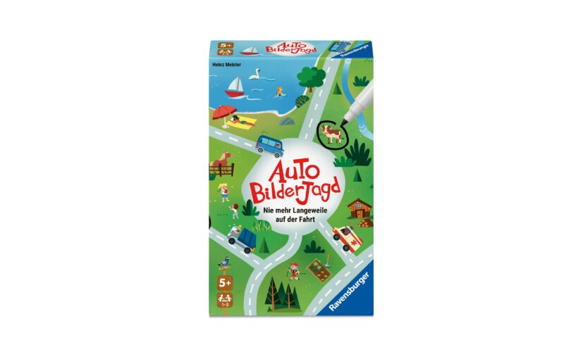 Schachtel des Spiels "Auto Bilderjagd" von Ravensburger für Kinder ab 5 Jahren, das eine Cartoon-Straßenkarte mit Autos, Tieren und Gebäuden zeigt. Der Text lautet "Nie mehr Langeweile auf der Fahrt.