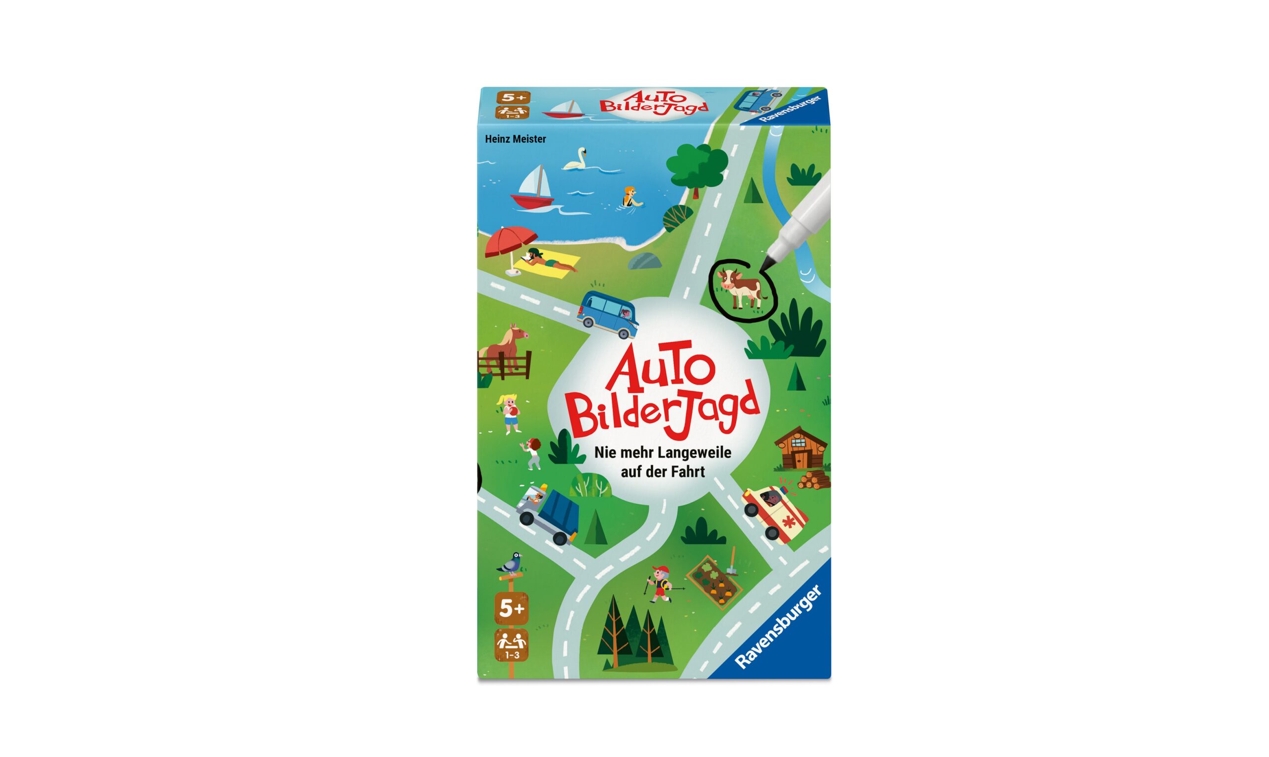 Schachtel des Spiels "Auto Bilderjagd" von Ravensburger für Kinder ab 5 Jahren, das eine Cartoon-Straßenkarte mit Autos, Tieren und Gebäuden zeigt. Der Text lautet "Nie mehr Langeweile auf der Fahrt.