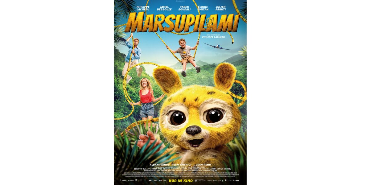Ein Filmplakat für „Marsupilami“, auf dem ein großes Zeichentricktier mit gelbem Fell und schwarzen Flecken zu sehen ist, umgeben von einer Dschungelkulisse und drei Menschen, die an seinem langen, gekräuselten Schwanz schwingen.