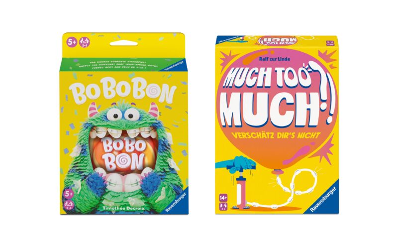 Zwei bunte Brettspielschachteln: eine mit einem grünen Monster und dem Text "BOBOBON", die andere mit "MUCH TOO MUCH!" in fetten Buchstaben auf gelbem Hintergrund mit einer Pumpenillustration.