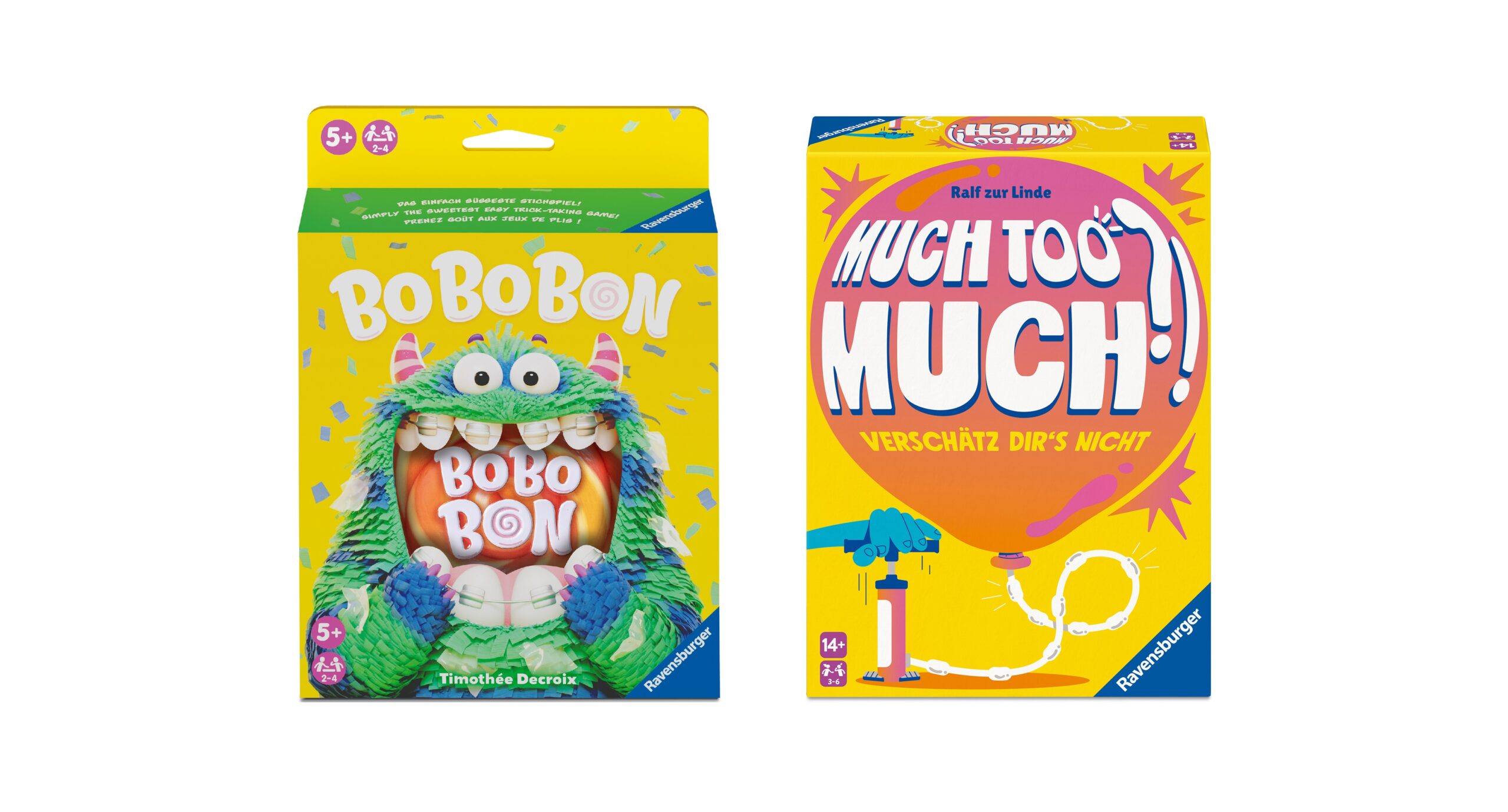 Zwei bunte Brettspielschachteln: eine mit einem grünen Monster und dem Text "BOBOBON", die andere mit "MUCH TOO MUCH!" in fetten Buchstaben auf gelbem Hintergrund mit einer Pumpenillustration.