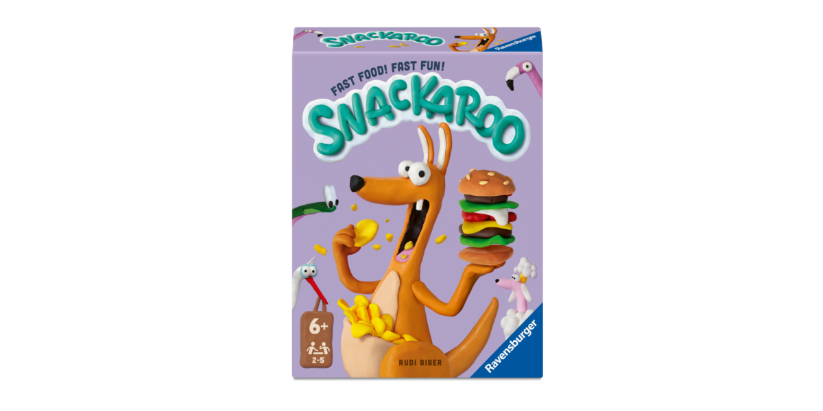 Die Verpackung des Spiels „Snackaroo“ zeigt ein Comic-Känguru, das einen Hamburger und Pommes frites in der Hand hält, umgeben von verspielten Besteckteilen und Lebensmitteln. Empfohlen ab 6 Jahren.