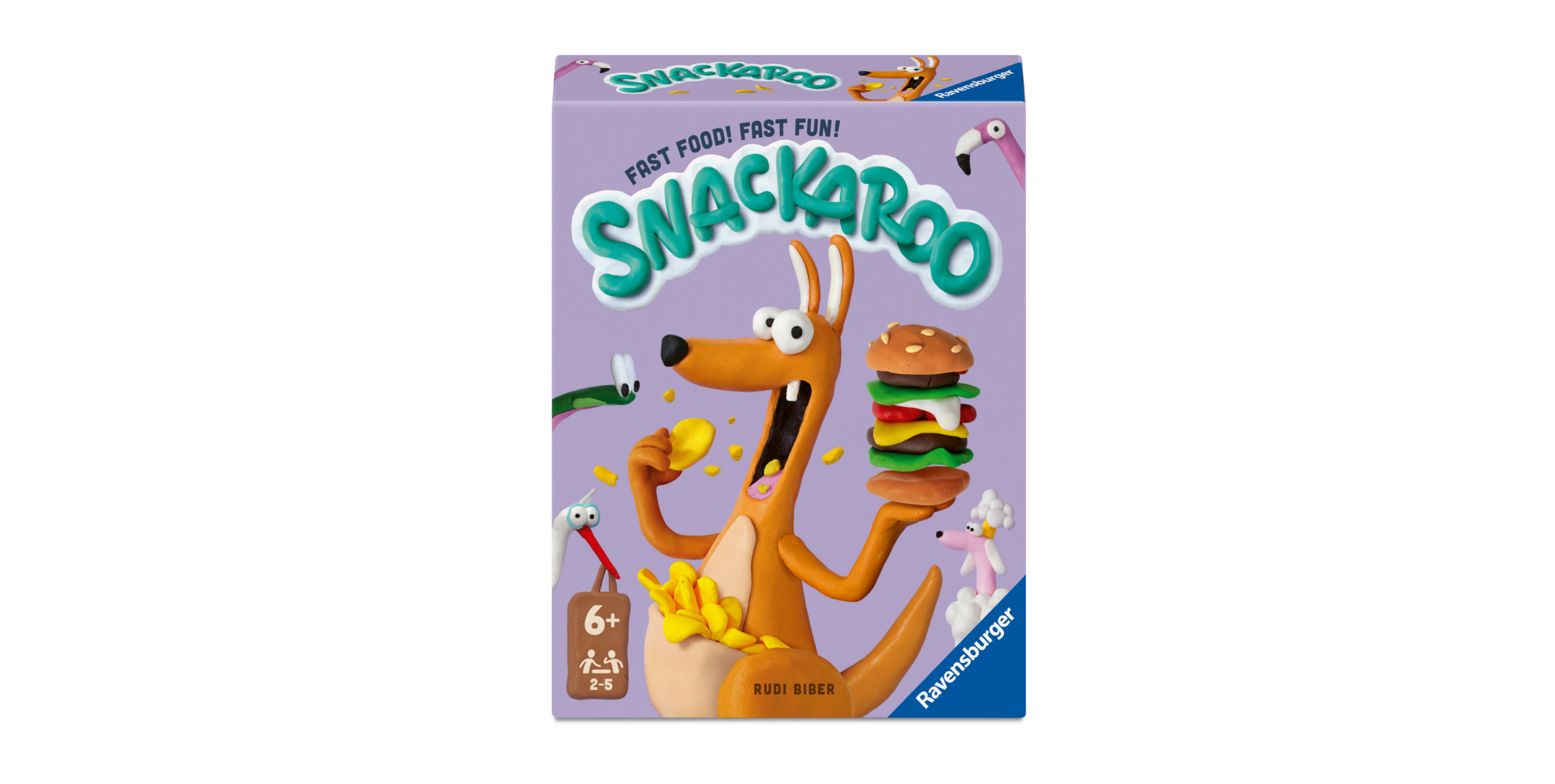Die Verpackung des Spiels „Snackaroo“ zeigt ein Comic-Känguru, das einen Hamburger und Pommes frites in der Hand hält, umgeben von verspielten Besteckteilen und Lebensmitteln. Empfohlen ab 6 Jahren.