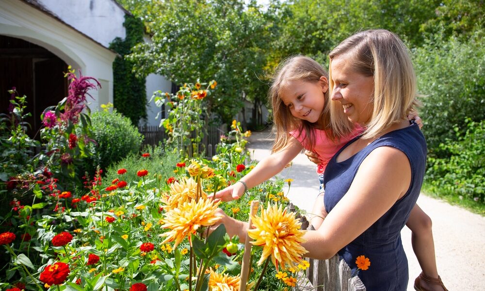 Eine Frau hält ein lächelndes kleines Mädchen im Arm, während die beiden an einem sonnigen Tag in einem farbenfrohen Garten Blumen betrachten und anfassen.