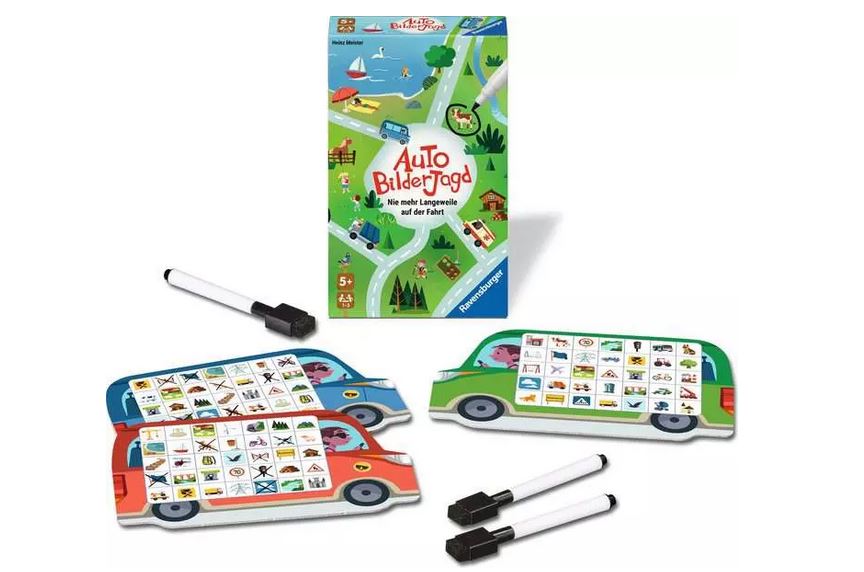 Eine Schachtel des Spiels "Auto Bilderjagd" mit drei autoförmigen Tafeln mit Bildrastern und drei trocken abwischbaren Markern mit Radiergummis.