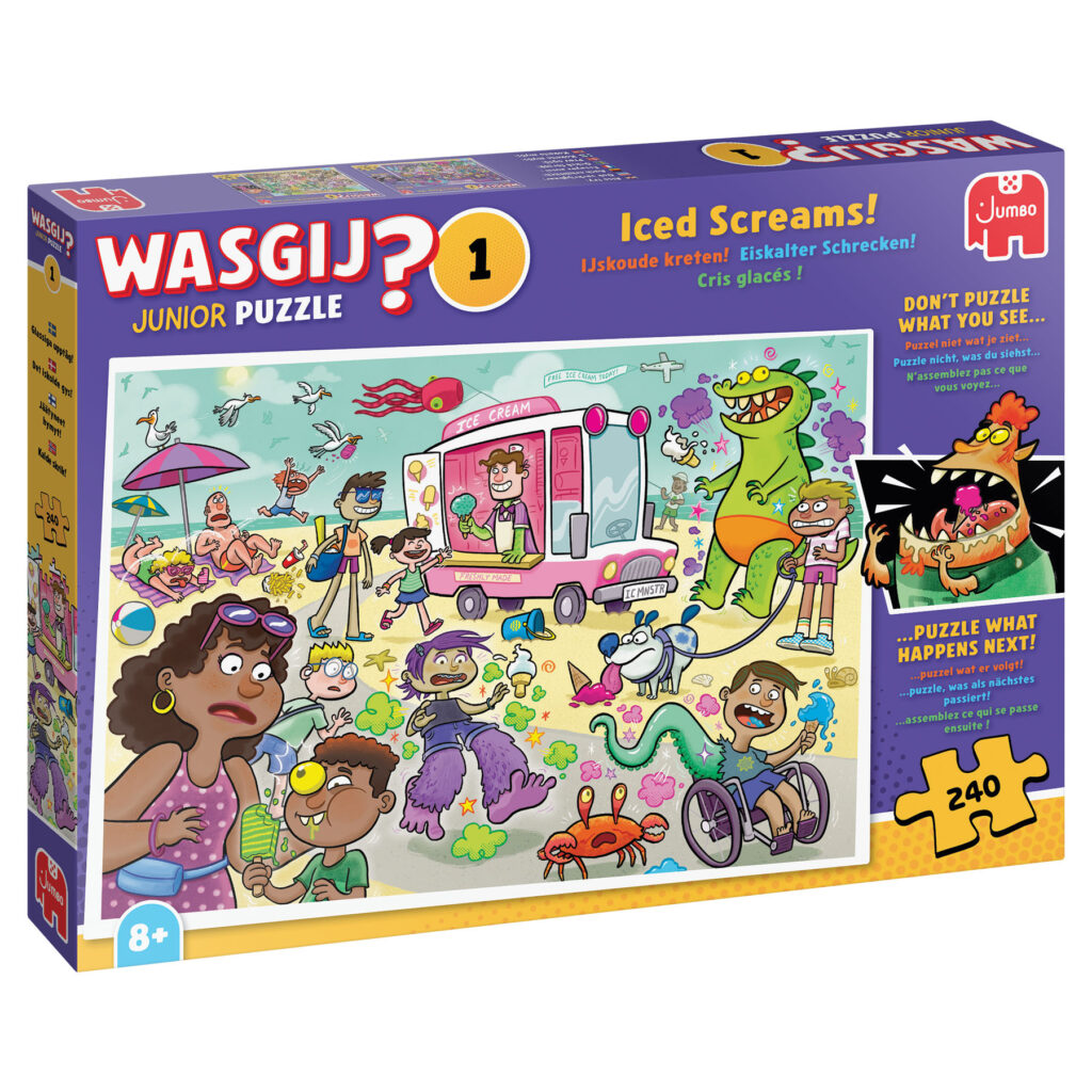 Schachtel mit einem Wasgij Junior Puzzle mit dem Titel "Iced Screams!", das eine Cartoon-Strandszene mit Menschen, einem Eiswagen und einem Dinosaurier zeigt; das Puzzle enthält 240 Teile und ist für Kinder ab 8 Jahren geeignet.