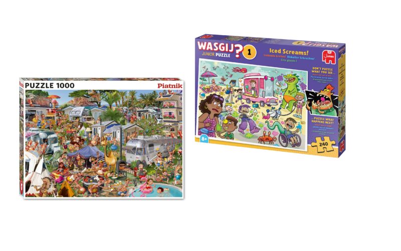 Zwei farbenfrohe Puzzleschachteln sind nebeneinander abgebildet; eine zeigt eine belebte Marktszene im Freien, die andere ein cartoonhaftes Eiswagen-Szenario.