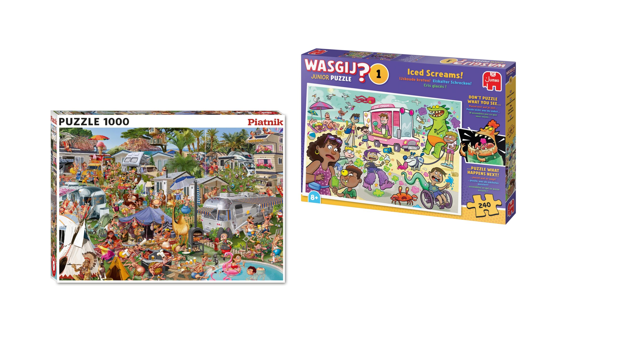 Zwei farbenfrohe Puzzleschachteln sind nebeneinander abgebildet; eine zeigt eine belebte Marktszene im Freien, die andere ein cartoonhaftes Eiswagen-Szenario.