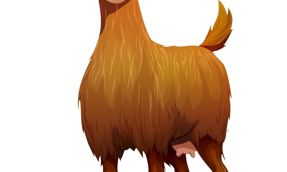 Illustration einer braunen Ziege mit großen Ohren und kurzen Hörnern, die auf einem weißen Hintergrund steht.