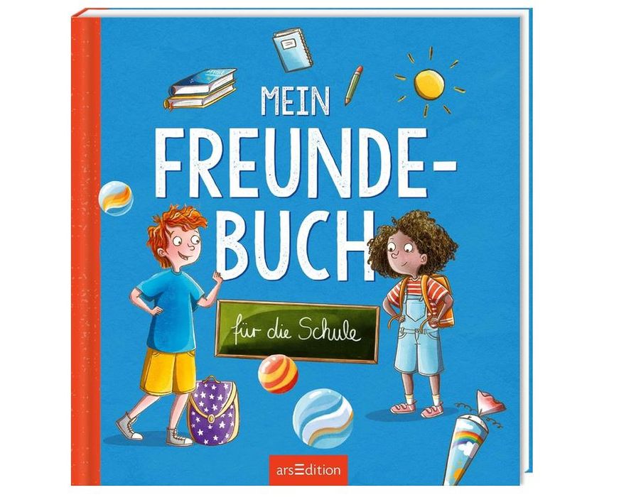 Ein Kinderbuch mit dem Titel „Mein Freundebuch für die Schule“ mit Abbildungen von Kindern, Schulutensilien und Murmeln auf einem blauen Einband.