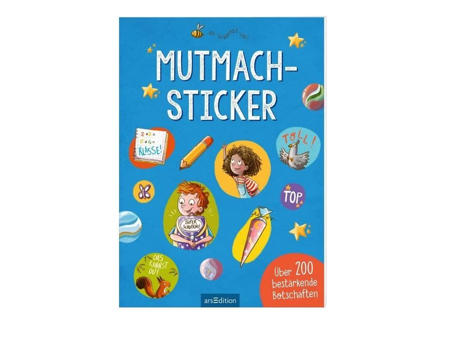 Ein blauer Sticker-Einband mit dem Titel „Mutmach-Sticker“, verziert mit Abbildungen von Kindern, Planeten, Schulutensilien und deutschen Motivationssprüchen. Der Text enthält über 200 aufmunternde Botschaften.