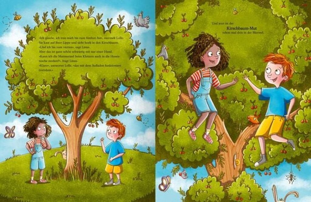 Zwei Kinder stehen unter einem belaubten Baum auf einer Wiese; eines klettert auf einen Ast, während das andere zusieht; um sie herum sind Schmetterlinge und Blumen zu sehen, auf beiden Seiten ist ein Text auf Deutsch zu lesen.