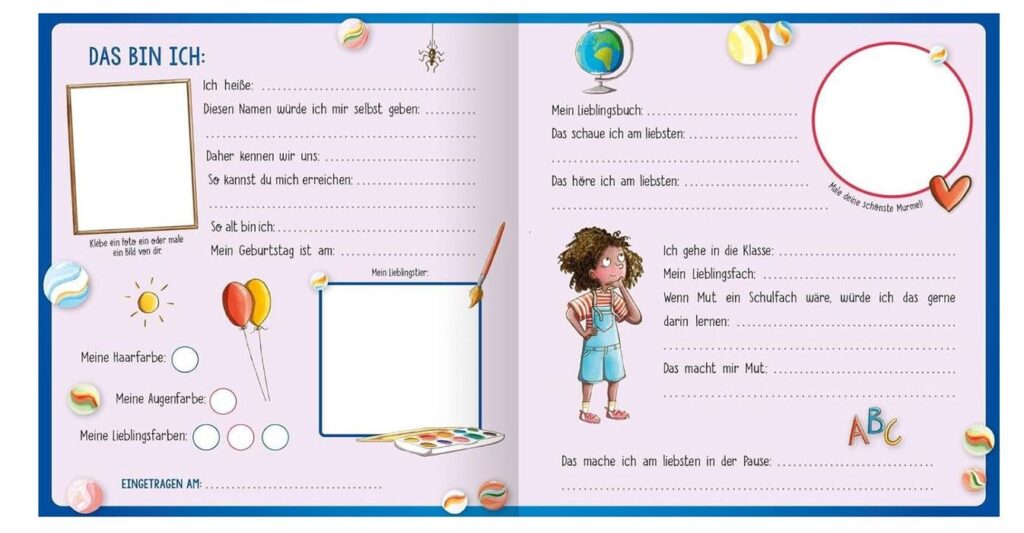Eine zweiseitige Doppelseite aus einem deutschen Kinder-Aktivitätsbuch regt den Leser dazu an, persönliche Angaben einzutragen, seine Lieblingsdinge aufzulisten und ein Selbstporträt zu zeichnen, das mit verspielten Illustrationen und Malutensilien verziert ist.