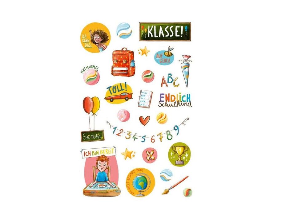 Bunte Aufkleber zum Thema Schule, darunter eine Tafel, ein Rucksack, ein Bus, Bücher, Zahlen, Luftballons und Sprüche wie „Klasse!“ und „Endlich Schulkind“ auf weißem Hintergrund.
