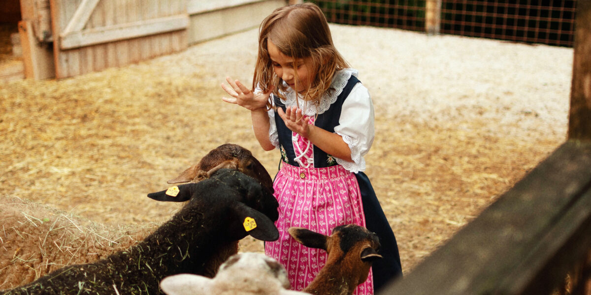 Ein junges Mädchen in einem rosa Kleid steht in einem Gehege, lächelt und gestikuliert mit den Händen, umgeben von mehreren Schafen und Ziegen.
