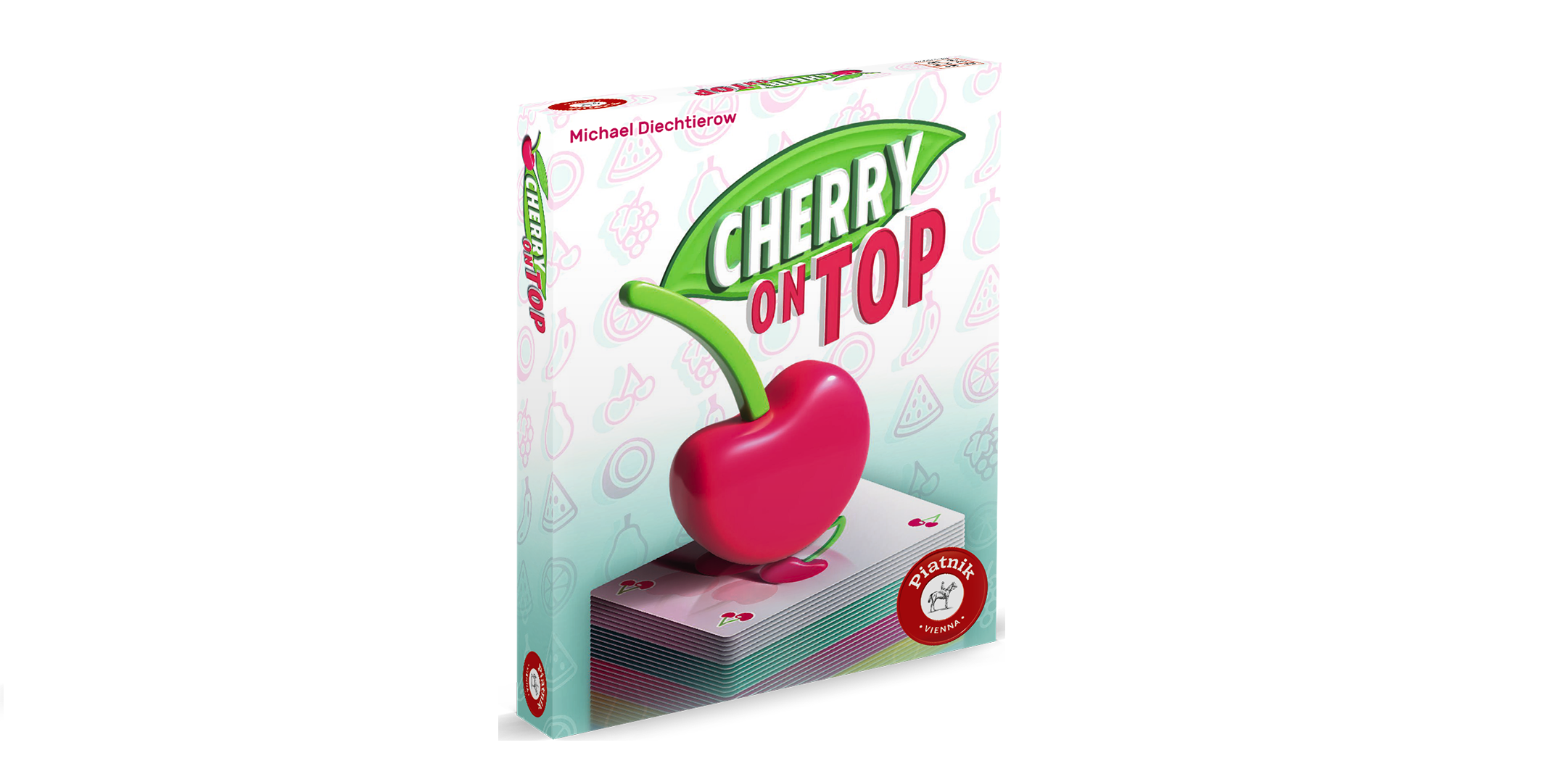 Schachtel für das Spiel „Cherry on Top“ mit einer großen Kirsche auf einem Kartenstapel und verspielten Fruchtmotiven auf hellblauem und weißem Hintergrund.
