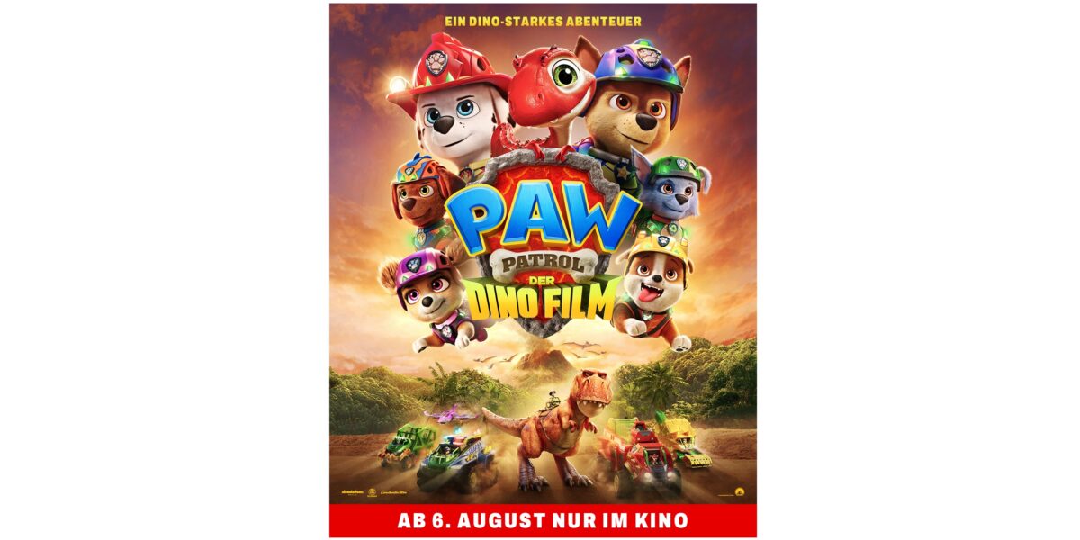 Plakat für „Paw Patrol: Der Dino-Film“ mit Zeichentrick-Hundefiguren in Helmen und einem Dinosaurier, unten mit dem Kinostarttermin 6. August.