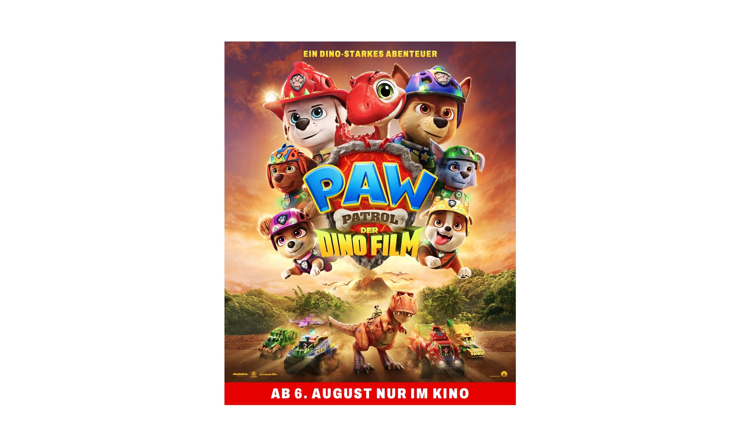 Plakat für „Paw Patrol: Der Dino-Film“ mit Zeichentrick-Hundefiguren in Helmen und einem Dinosaurier, unten mit dem Kinostarttermin 6. August.