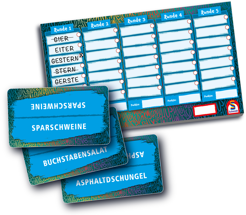 Ein deutsches Wortspielbrett mit fünf Runden und vier blauen Karten, auf denen die Wörter „SPARSCHWEINE“, „BUCHSTABENSALAT“ und „ASPHALTDSCHUNGEL“ stehen.