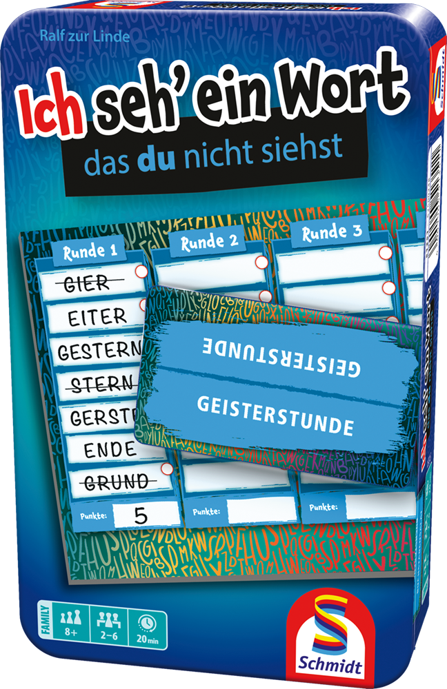 Schachtel eines deutschen Wortspiels namens „Ich seh' ein Wort“. Das Design zeigt Wortkarten, Punktetabellen und das Schmidt-Spiele-Logo. Empfohlen ab 8 Jahren, für 2 bis 6 Spieler, Spieldauer 20 Minuten.