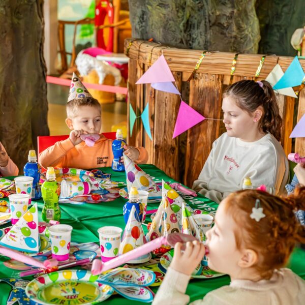 Kinder mit Partyhüten sitzen bei einer Geburtstagsfeier um einen geschmückten Tisch herum, blasen in Trillerpfeifen und sind von bunten Tellern, Bechern und Girlanden umgeben.
