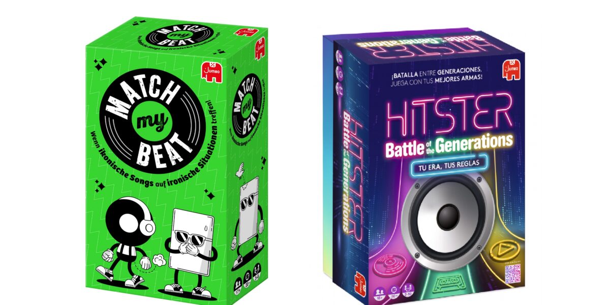 Es werden zwei Kartenspiele in Schachteln gezeigt: „Match My Beat“ mit grünem Einband und Comicfiguren sowie „Hitster Battle of Generations“ mit einem Lautsprechermotiv und Neonfarben.
