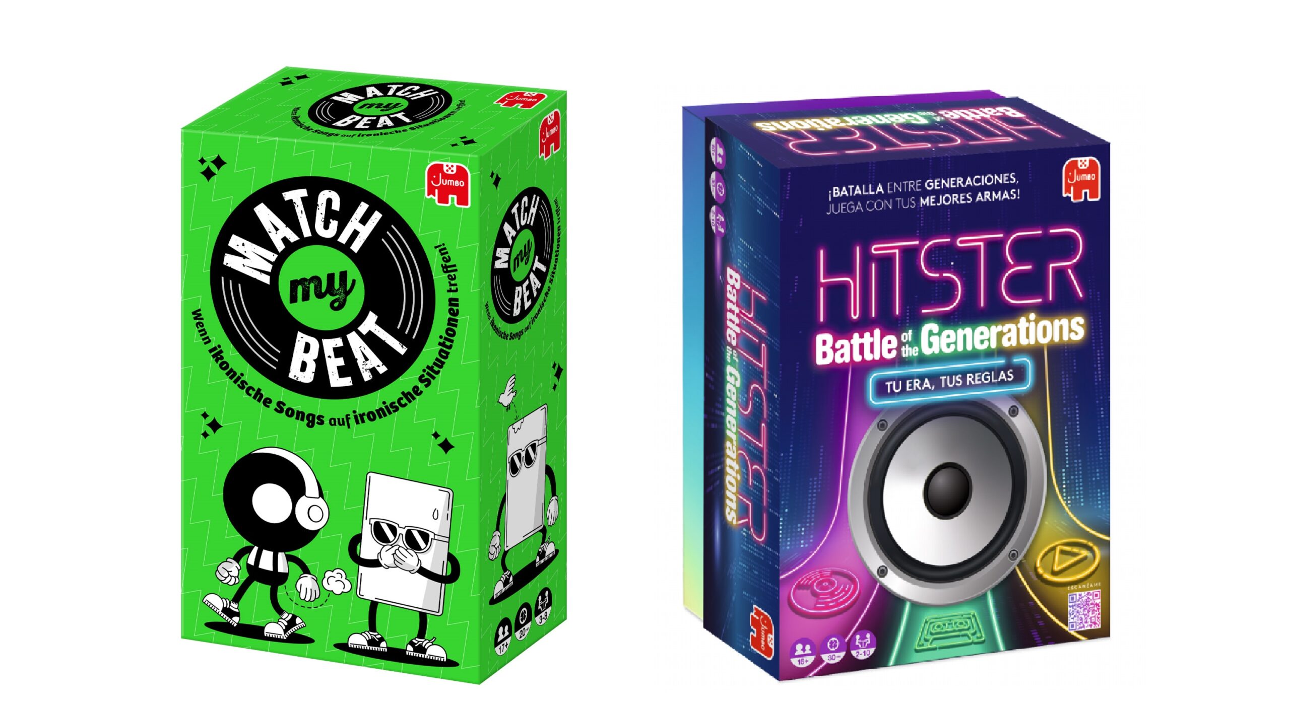Es werden zwei Kartenspiele in Schachteln gezeigt: „Match My Beat“ mit grünem Einband und Comicfiguren sowie „Hitster Battle of Generations“ mit einem Lautsprechermotiv und Neonfarben.