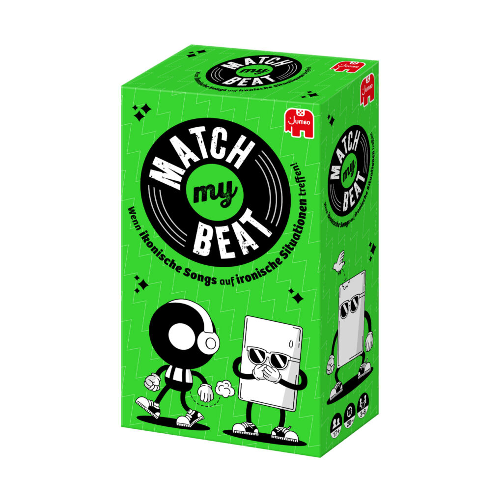 Grüne Schachtel des Spiels „Match My Beat“ mit Comicfiguren auf der Vorderseite, mit deutschem Text und Symbolen, die darauf hinweisen, dass das Spiel für Spieler ab 14 Jahren und 4 bis 12 Spieler geeignet ist.