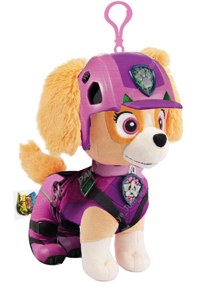 Plüschhund, der einen rosa Helm und ein Outfit trägt, wobei oben am Helm eine Schlaufe für einen Schlüsselanhänger angebracht ist.