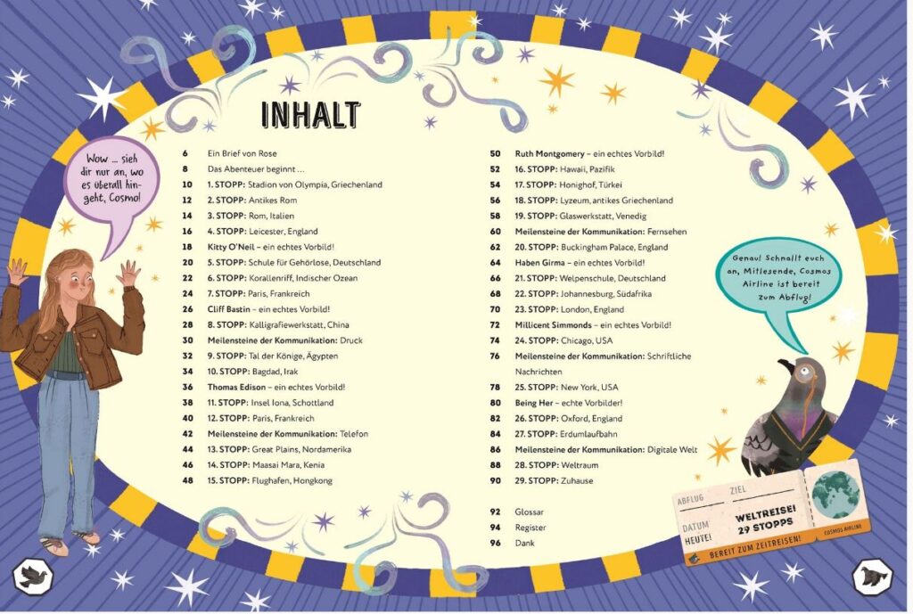 Inhaltsverzeichnis auf Deutsch mit einer Liste der Kapitel, einem Mädchen, das ein Friedenszeichen macht, und der Abbildung einer blauen Rakete vor einem Sternenhintergrund.