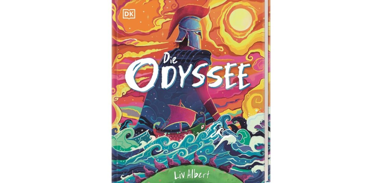 Farbenfrohes Buchcover von „Die Odyssee“ von Liv Albert, auf dem ein griechischer Krieger, wirbelnde Wellen, Schiffe und eine strahlende Sonne im illustrierten Stil zu sehen sind.