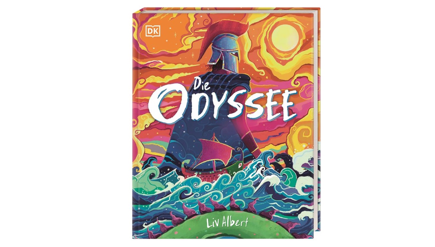 Farbenfrohes Buchcover von „Die Odyssee“ von Liv Albert, auf dem ein griechischer Krieger, wirbelnde Wellen, Schiffe und eine strahlende Sonne im illustrierten Stil zu sehen sind.