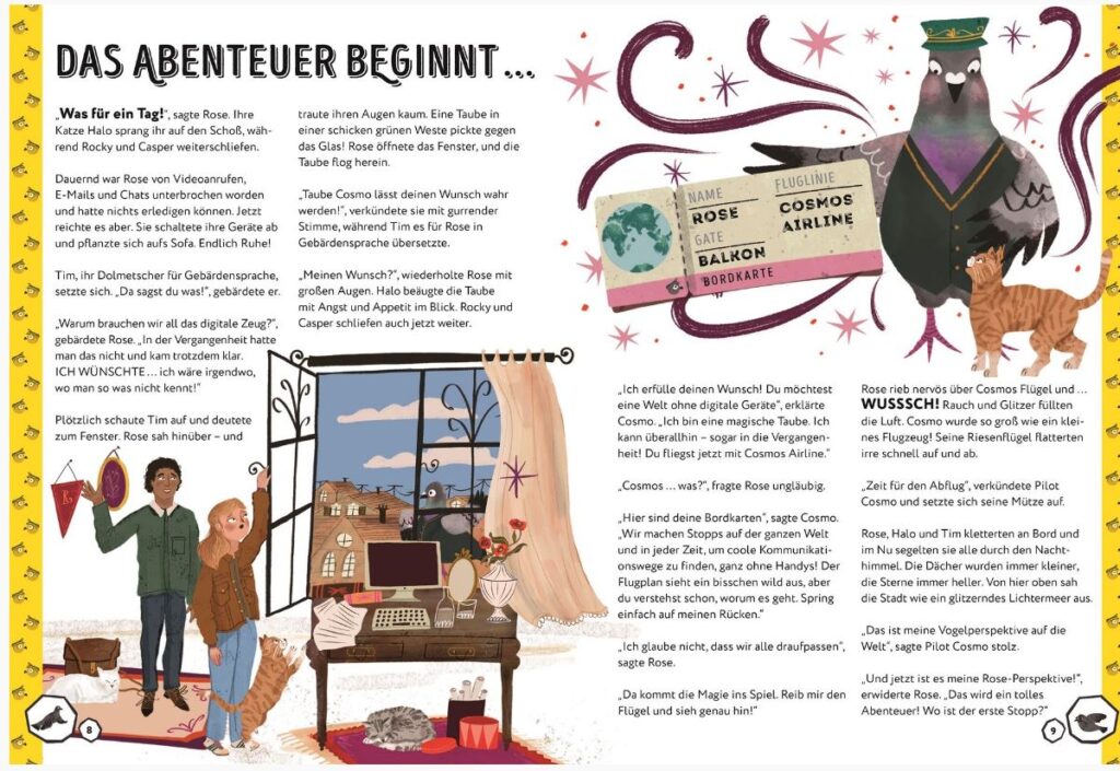 Eine farbenfrohe, illustrierte Seite aus einem deutschen Bilderbuch zeigt ein Mädchen und einen Waschbären mit Koffern, eine große Taube mit einer Kapitänsmütze sowie verspielte Zeichnungen zum Thema Reisen.